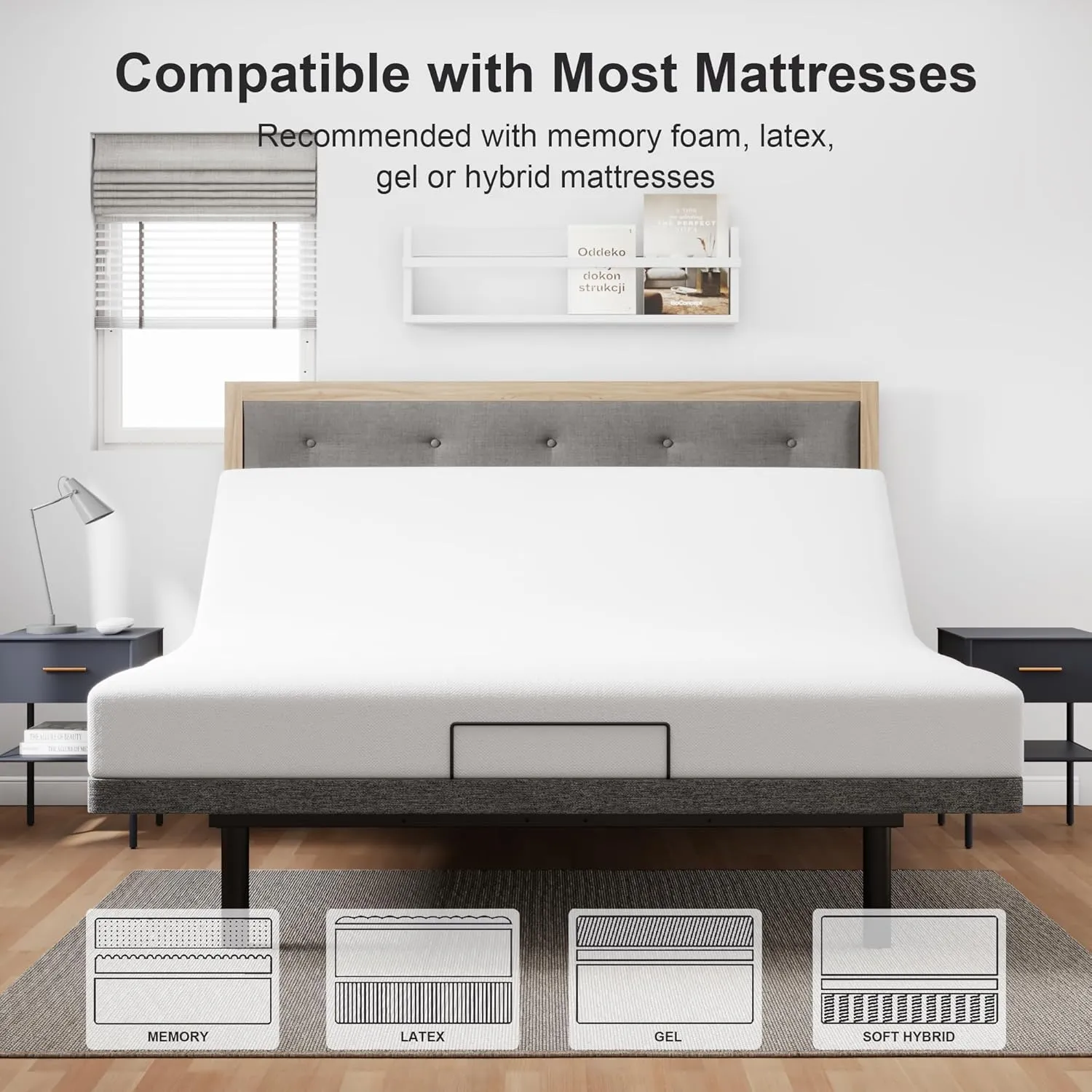 King Size Adjustable Bed Frame, Electric Bed Base, Wireless Remote Control, Whisper Quiet Durable Motor, Independent Head and Foot Incline, Padded Edge