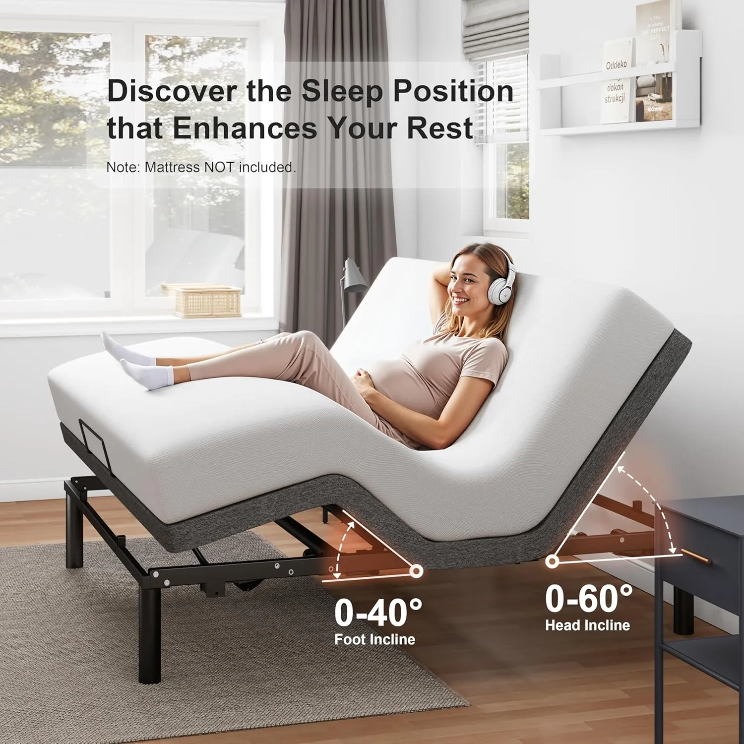 King Size Adjustable Bed Frame, Electric Bed Base, Wireless Remote Control, Whisper Quiet Durable Motor, Independent Head and Foot Incline, Padded Edge