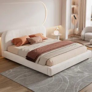 King Size Boucle Bed Frame, King Upholstered Platform Bed with Curve-Shaped Headboard, Easy Assembly, White