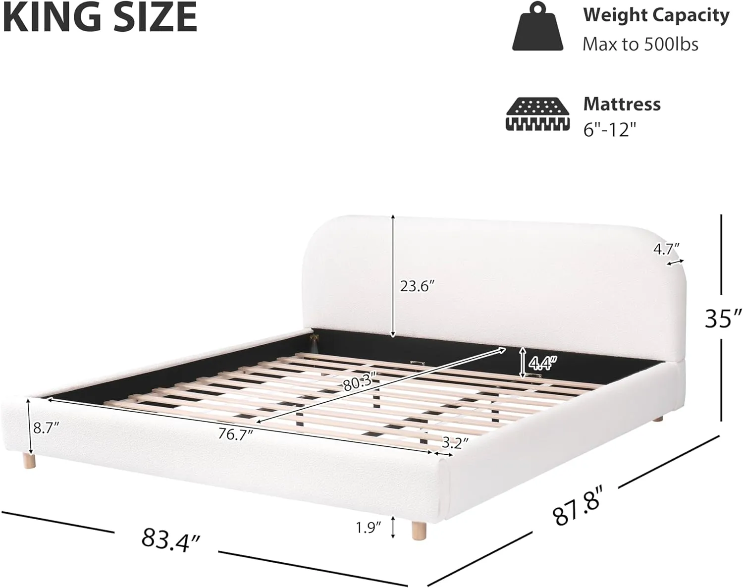 King Size Boucle Bed Frame, King Upholstered Platform Bed with Curve-Shaped Headboard, Easy Assembly, White