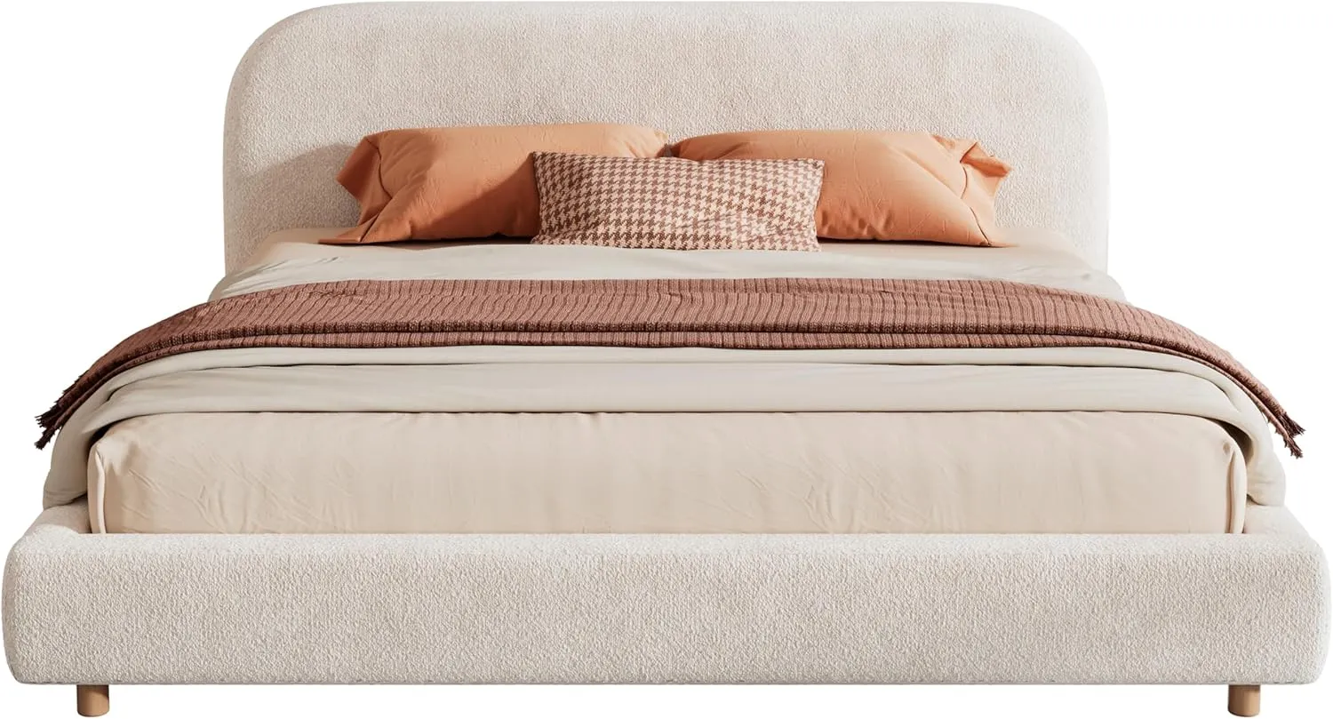 King Size Boucle Bed Frame, King Upholstered Platform Bed with Curve-Shaped Headboard, Easy Assembly, White