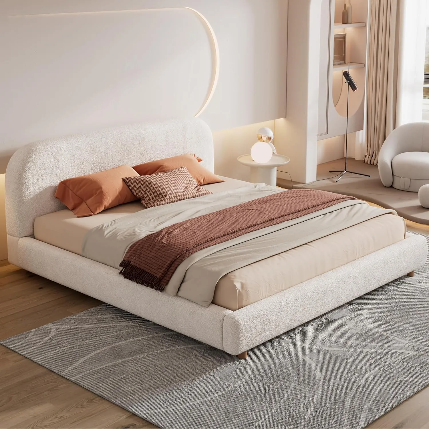 King Size Boucle Bed Frame, King Upholstered Platform Bed with Curve-Shaped Headboard, Easy Assembly, White