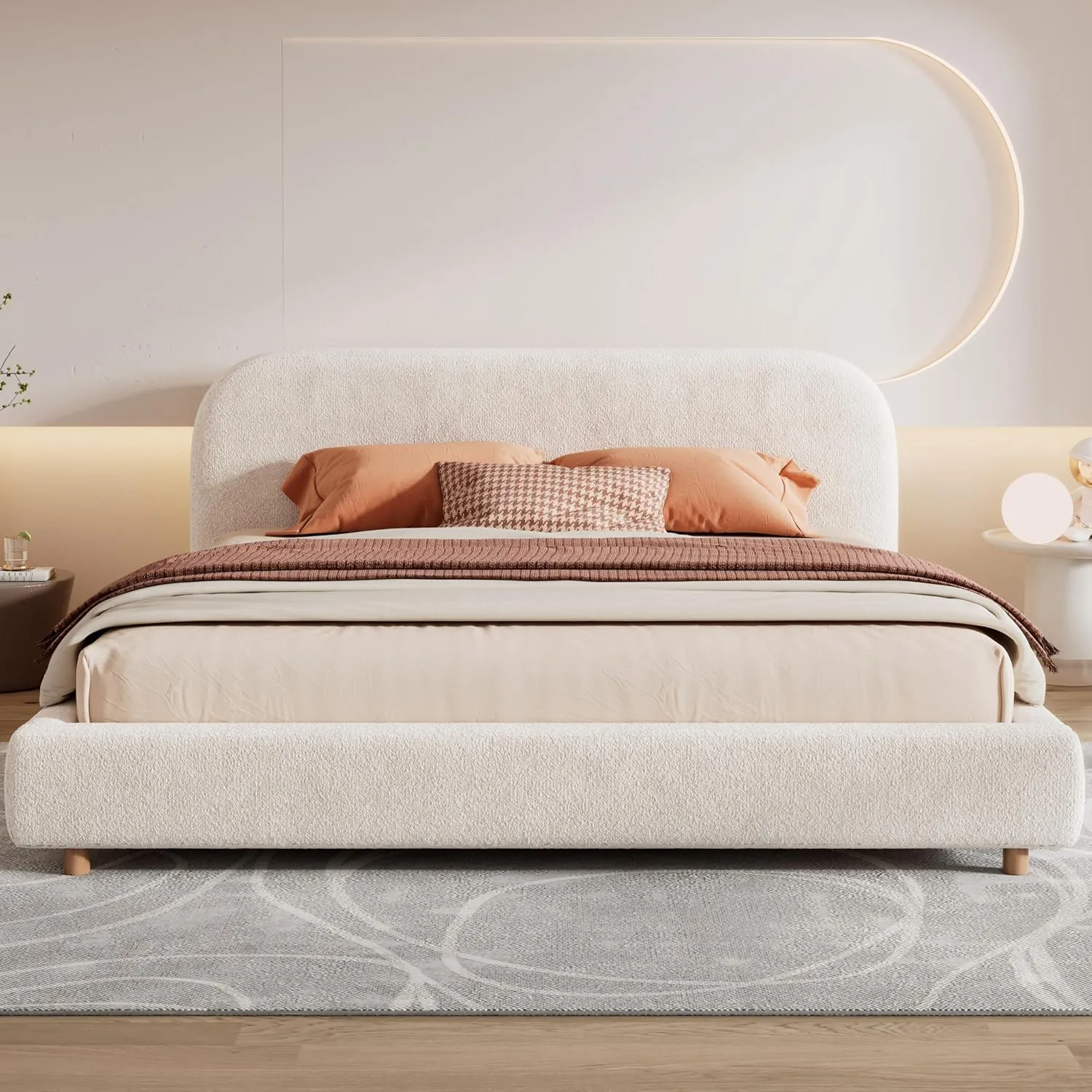 King Size Boucle Bed Frame, King Upholstered Platform Bed with Curve-Shaped Headboard, Easy Assembly, White