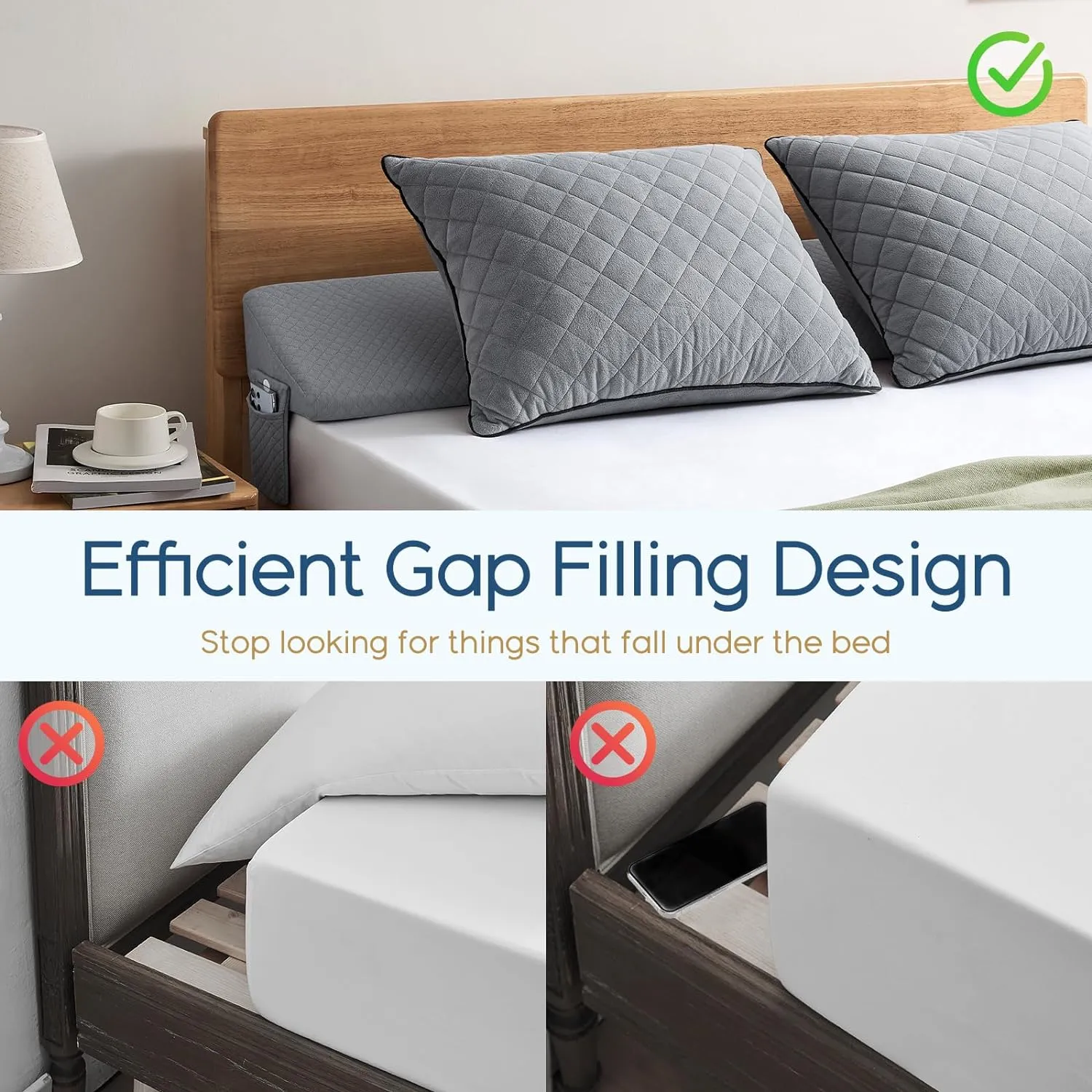 King Size（76"x10"x6"） Bed Wedge Pillow for Headboard - Upgraded Bed Gap Filler King Between Mattress and Headboard - Wedge headboard Pillow - Grey