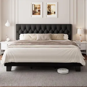 King Upholstered Bed Frame with Headboard, Button Tufted Linen Bed Base, Platform Bed with Wood Slat Support, Noise Free, Heavy Duty, Easy Assembly, No Box Spring Needed, Black