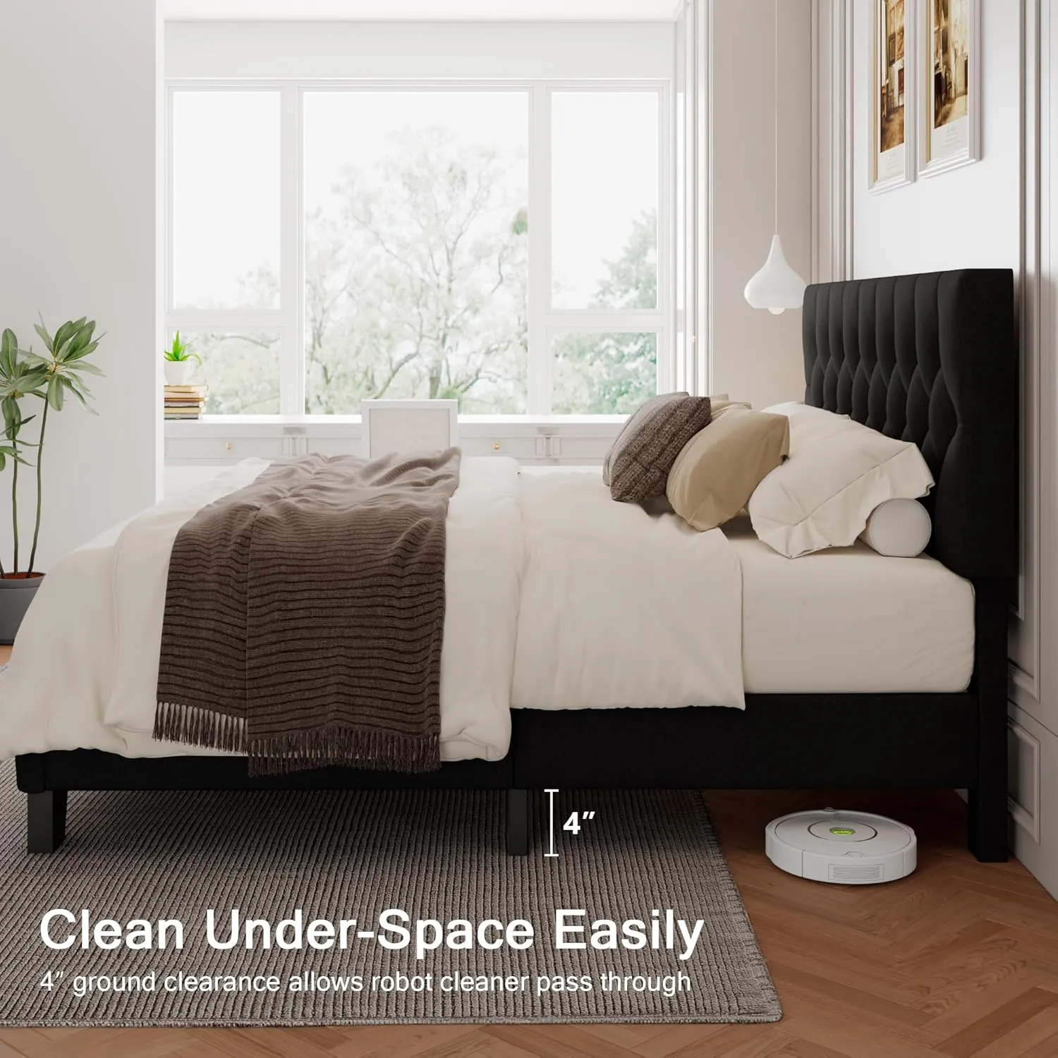 King Upholstered Bed Frame with Headboard, Button Tufted Linen Bed Base, Platform Bed with Wood Slat Support, Noise Free, Heavy Duty, Easy Assembly, No Box Spring Needed, Black