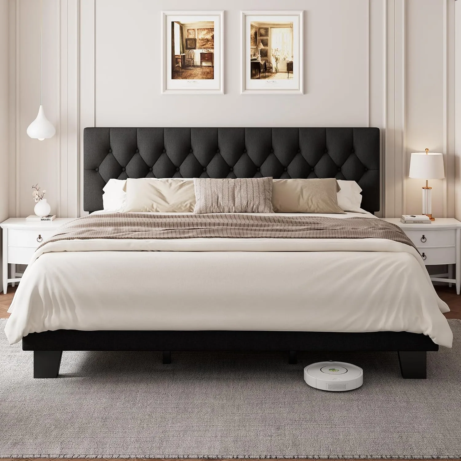 King Upholstered Bed Frame with Headboard, Button Tufted Linen Bed Base, Platform Bed with Wood Slat Support, Noise Free, Heavy Duty, Easy Assembly, No Box Spring Needed, Black