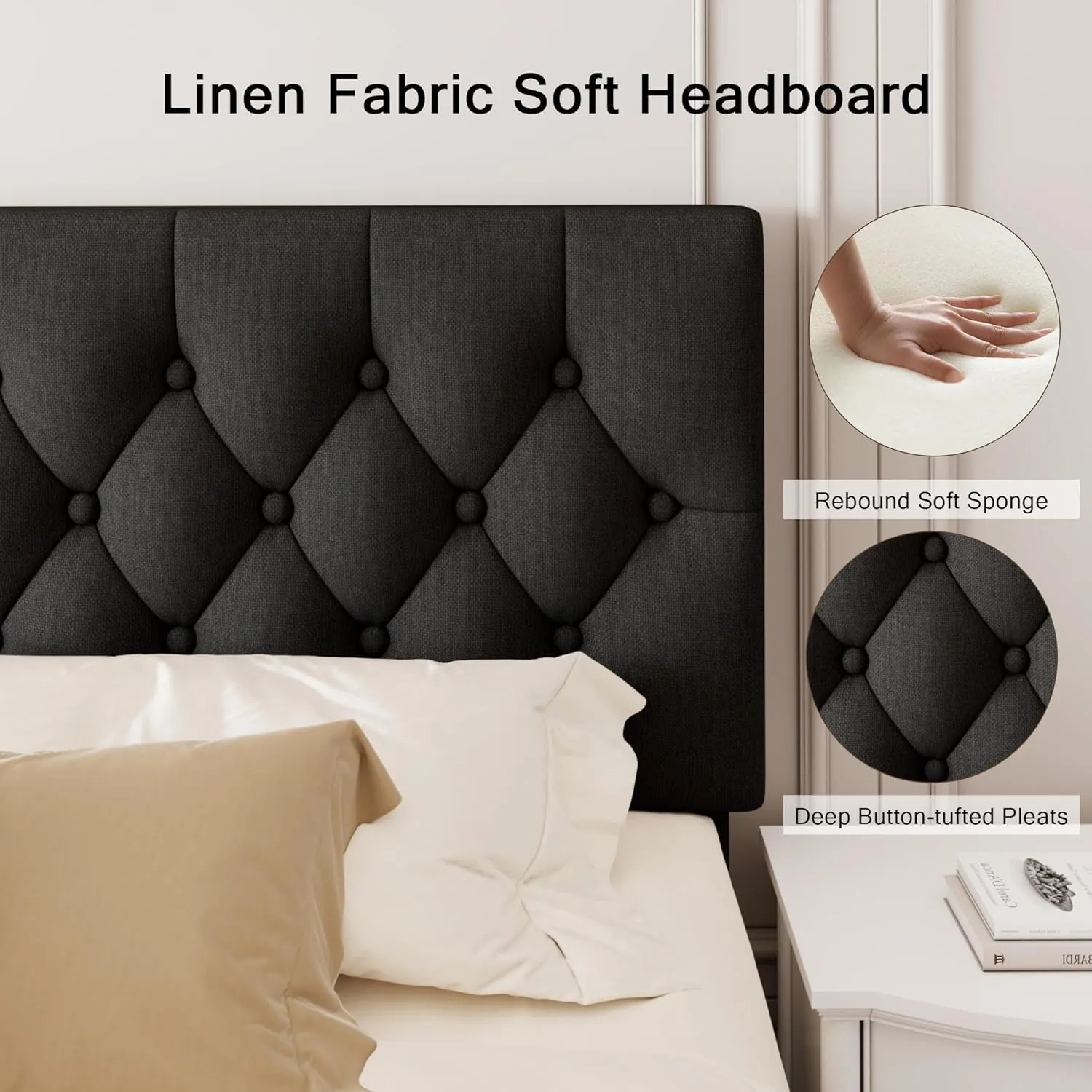 King Upholstered Bed Frame with Headboard, Button Tufted Linen Bed Base, Platform Bed with Wood Slat Support, Noise Free, Heavy Duty, Easy Assembly, No Box Spring Needed, Black
