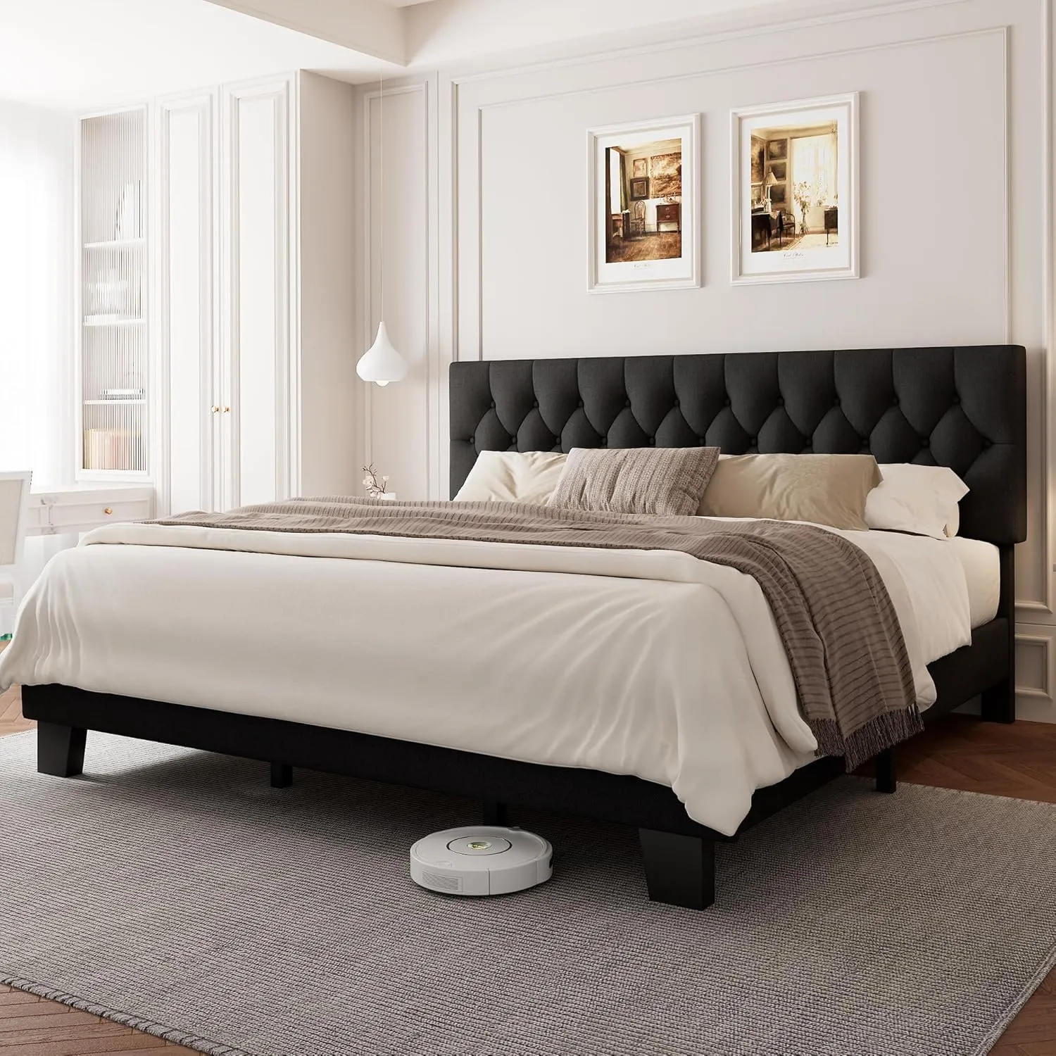 King Upholstered Bed Frame with Headboard, Button Tufted Linen Bed Base, Platform Bed with Wood Slat Support, Noise Free, Heavy Duty, Easy Assembly, No Box Spring Needed, Black