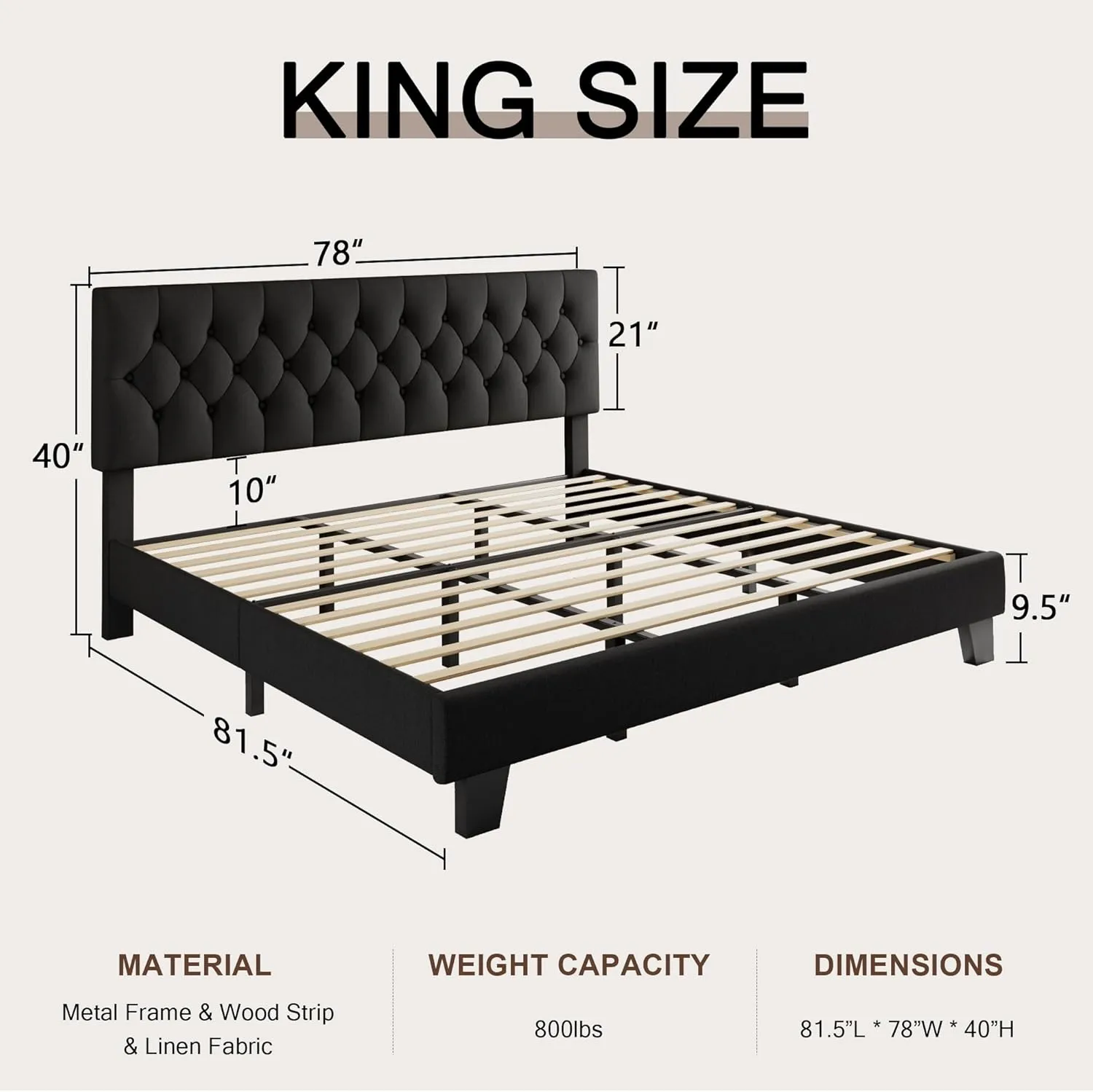 King Upholstered Bed Frame with Headboard, Button Tufted Linen Bed Base, Platform Bed with Wood Slat Support, Noise Free, Heavy Duty, Easy Assembly, No Box Spring Needed, Black