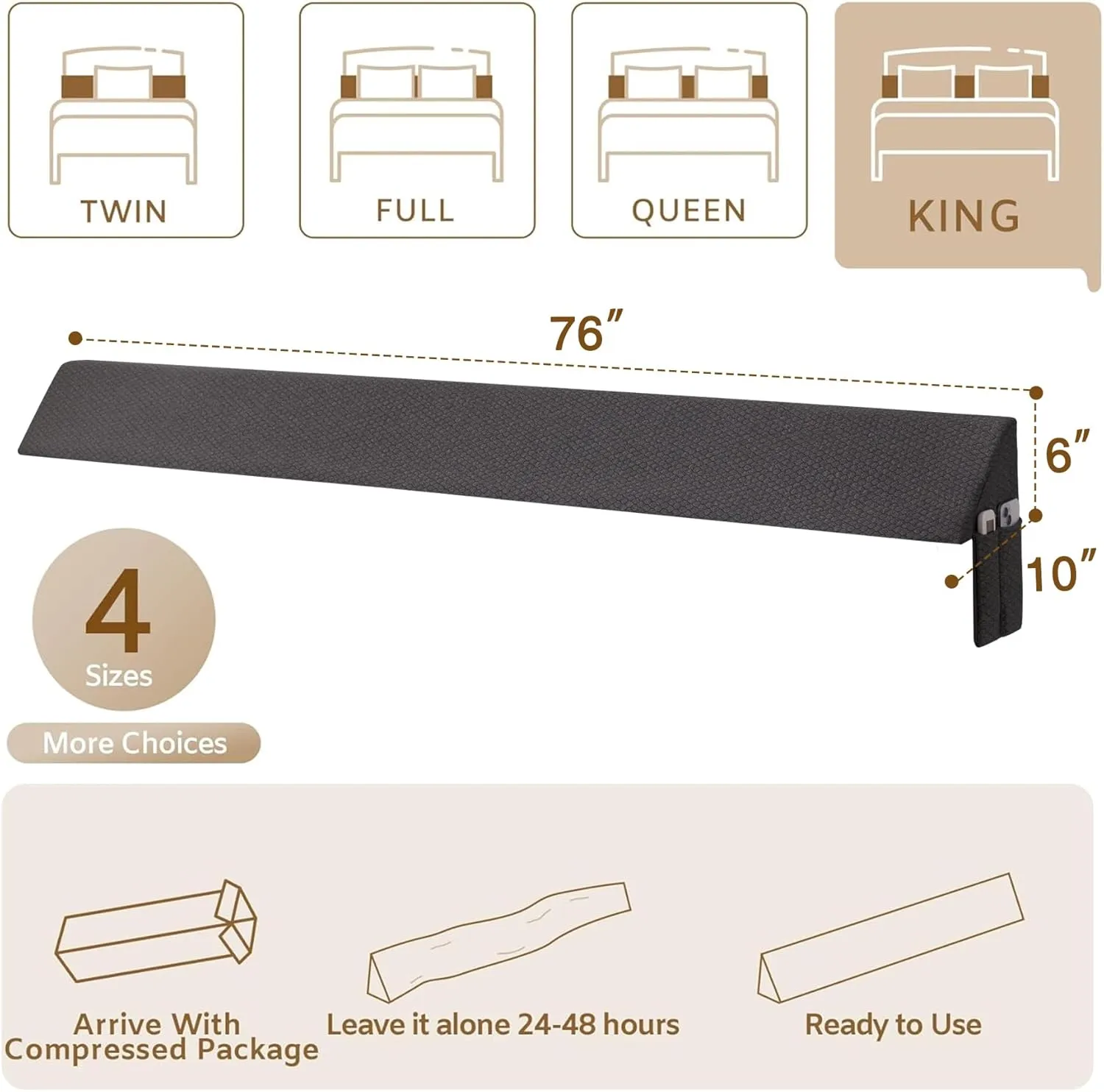 King Wedge Pillow Headboard (76"x10"x6"), Bed Wedge Pillow for Headboard, Foam Headboard Pillow, Bed Gap Filler King - Fill The Gap (0-7"), Mattress Gap Filler (Air-Layer Black, 76"x10"x6")