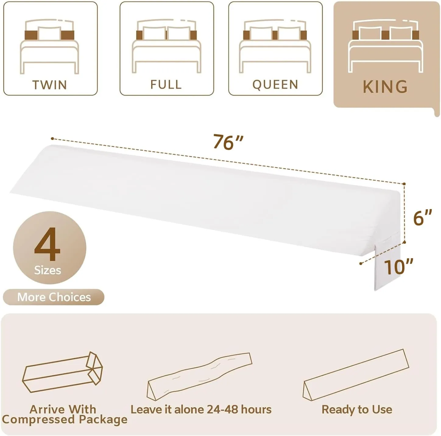King Wedge Pillow Headboard (76"x10"x6"), Bed Wedge Pillow for Headboard, Foam Headboard Pillow, Bed Gap Filler King - Fill The Gap (0-7"), Mattress Gap Filler (White)