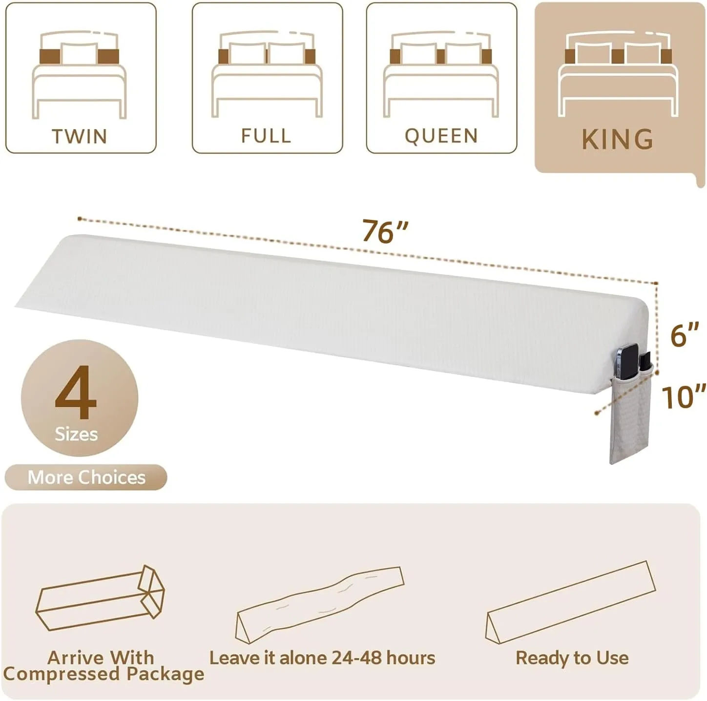 King Wedge Pillow Headboard, Bed Wedge Pillow for Headboard, Bed Gap Filler King - Fill The Gap (0-7")(Air-Layer White, 76"x10"x6")