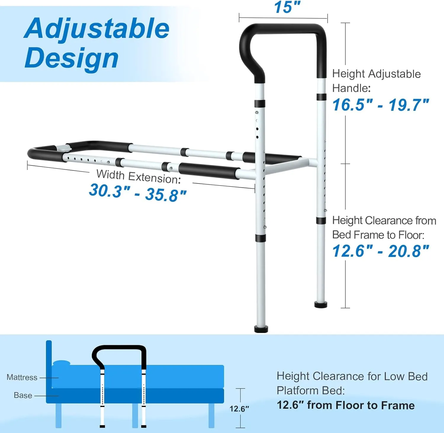 KingPavonini Bed Rails for Elderly Adults Safety - Adjustable Bed Cane with Non-Slip Ergonomic Handle and Storage Pocket, Stable Bed Assist Rails for Seniors Hold up to 300 Lbs, Tool-Free Assembly