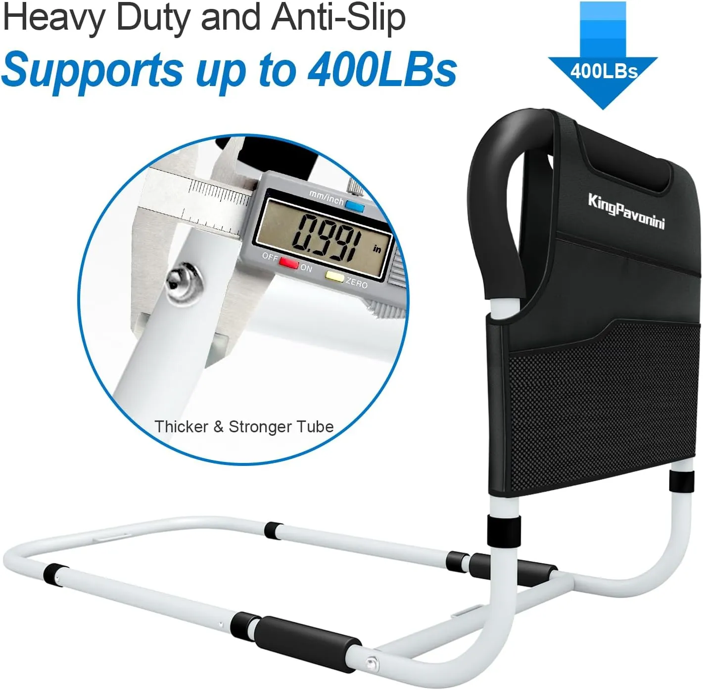 KingPavonini Bed Side Assist Handle Bar Safety Rail for Elderly Adults - Medical Bed Mobility Assistant Bar with Free Storage Bag and Fixing Strap, Support Up to 400lbs