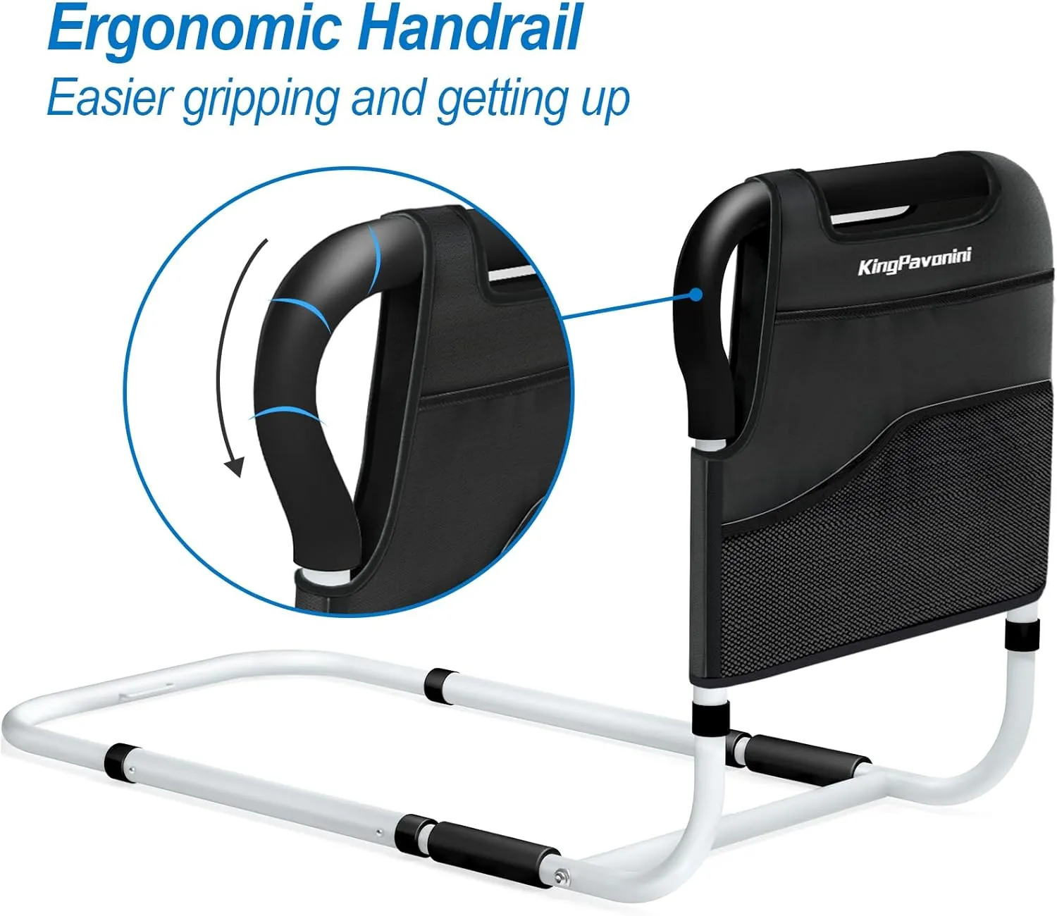 KingPavonini Bed Side Assist Handle Bar Safety Rail for Elderly Adults - Medical Bed Mobility Assistant Bar with Free Storage Bag and Fixing Strap, Support Up to 400lbs