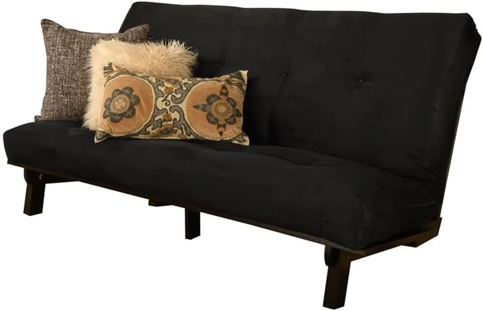 Kodiak Furniture Carson Full Size Futon Frame and Mattress Set - Java Brown Finish Wood Futon Frame with Mattress Included in Suede Black Color