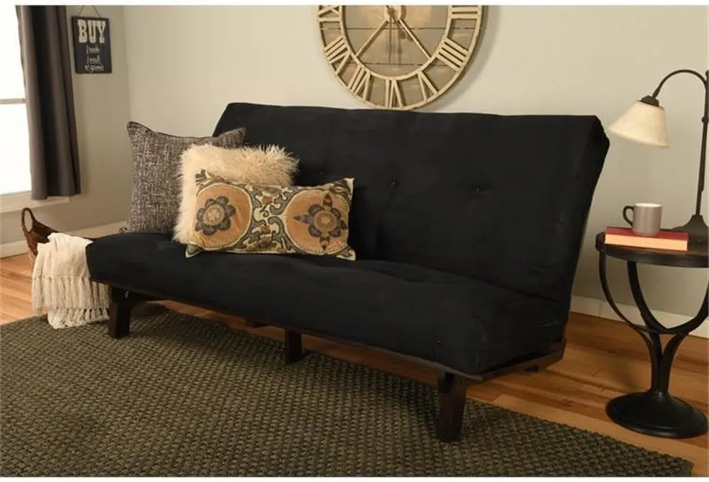 Kodiak Furniture Carson Full Size Futon Frame and Mattress Set - Java Brown Finish Wood Futon Frame with Mattress Included in Suede Black Color