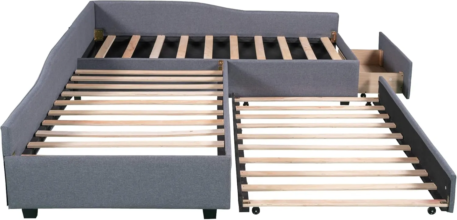 L-Shape Platform Bed Twin Size Upholstered Daybed with Trundle and Storage Drawer Linen Corner Day Bed Frame for 3 Kids Boys Girls Teens, Gray