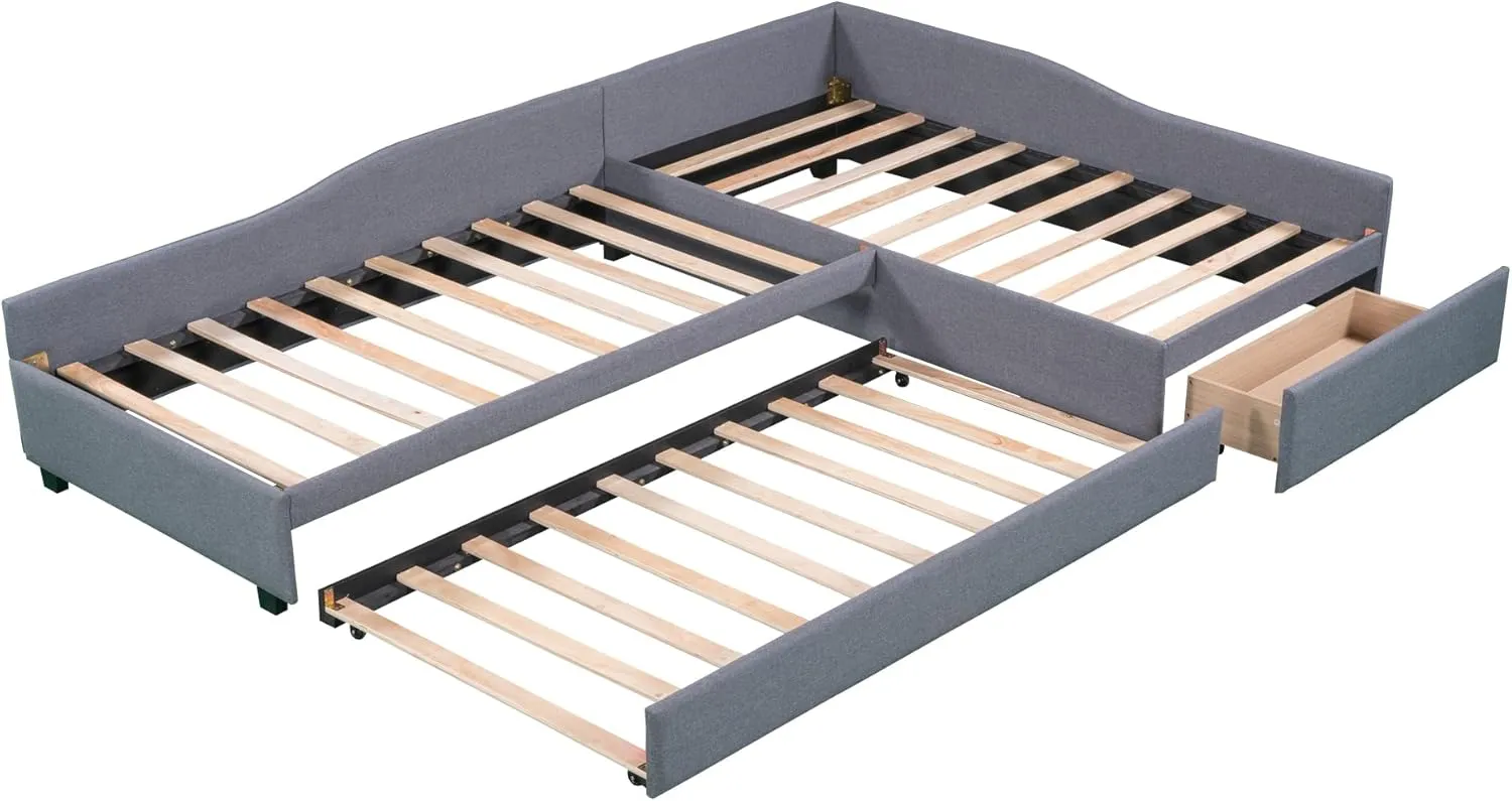 L-Shape Platform Bed Twin Size Upholstered Daybed with Trundle and Storage Drawer Linen Corner Day Bed Frame for 3 Kids Boys Girls Teens, Gray