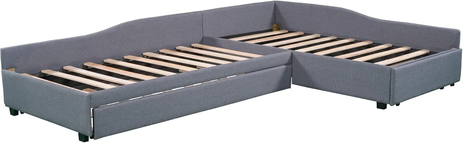 L-Shape Platform Bed Twin Size Upholstered Daybed with Trundle and Storage Drawer Linen Corner Day Bed Frame for 3 Kids Boys Girls Teens, Gray