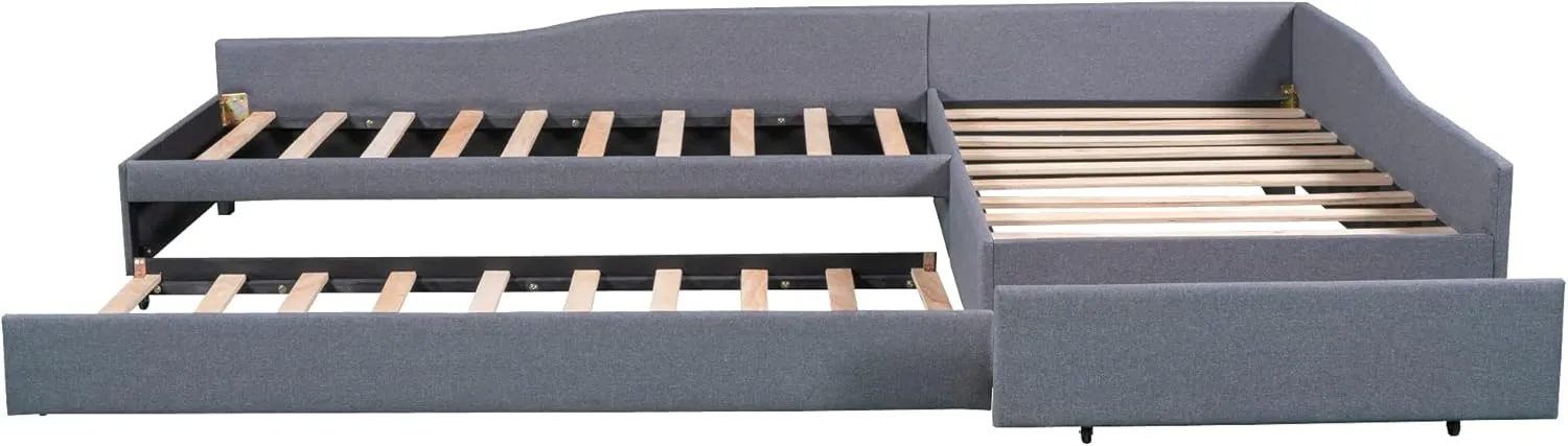 L-Shape Platform Bed Twin Size Upholstered Daybed with Trundle and Storage Drawer Linen Corner Day Bed Frame for 3 Kids Boys Girls Teens, Gray