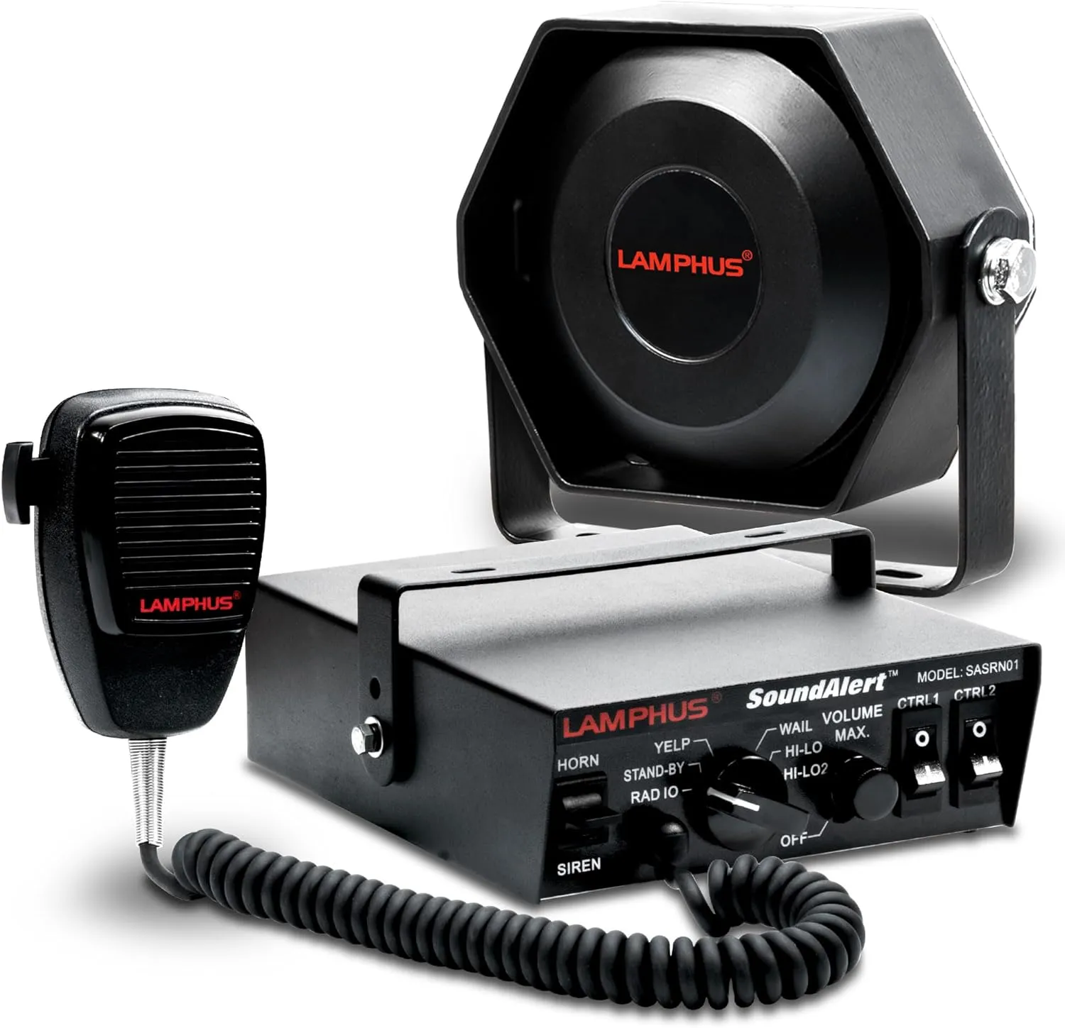 LAMPHUS SoundAlert 12V 100W Police Siren PA System Kit [Slim Speaker] [118-124dB] [Handheld Microphone] [Hands-Free] Warning Emergency Siren for Vehicles Tow Truck UTV ATV Van Car POV RV