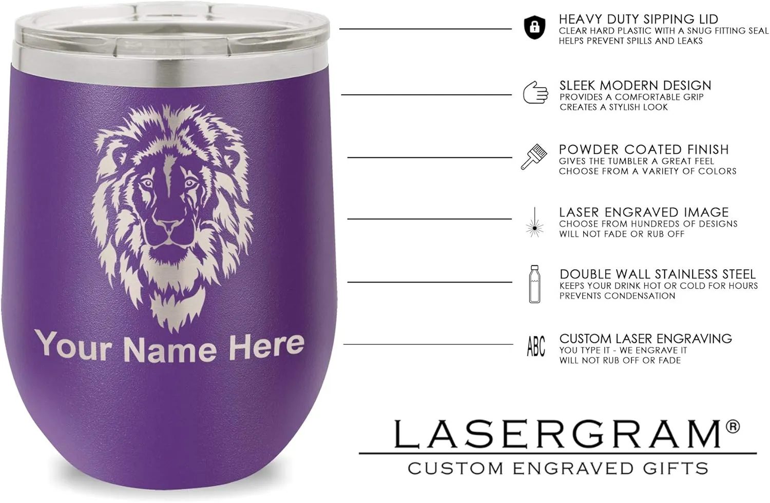 LaserGram Double Wall Stainless Steel Wine Glass Tumbler, Compass Rose, Personalized Engraving Included (Dark Purple)