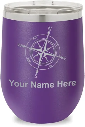 LaserGram Double Wall Stainless Steel Wine Glass Tumbler, Compass Rose, Personalized Engraving Included (Dark Purple)