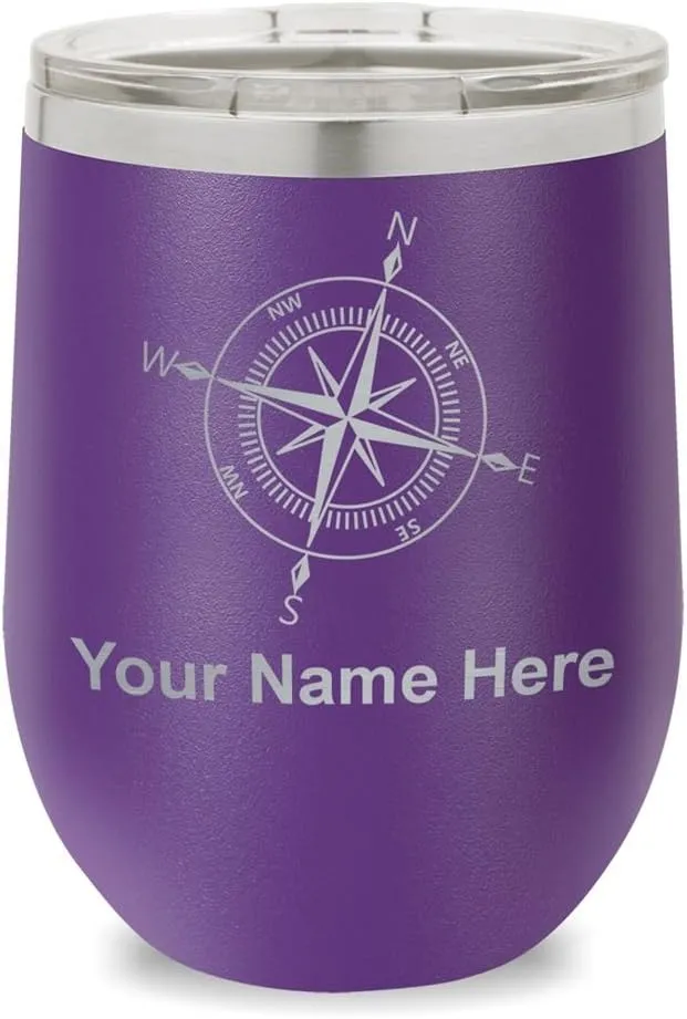LaserGram Double Wall Stainless Steel Wine Glass Tumbler, Compass Rose, Personalized Engraving Included (Dark Purple)