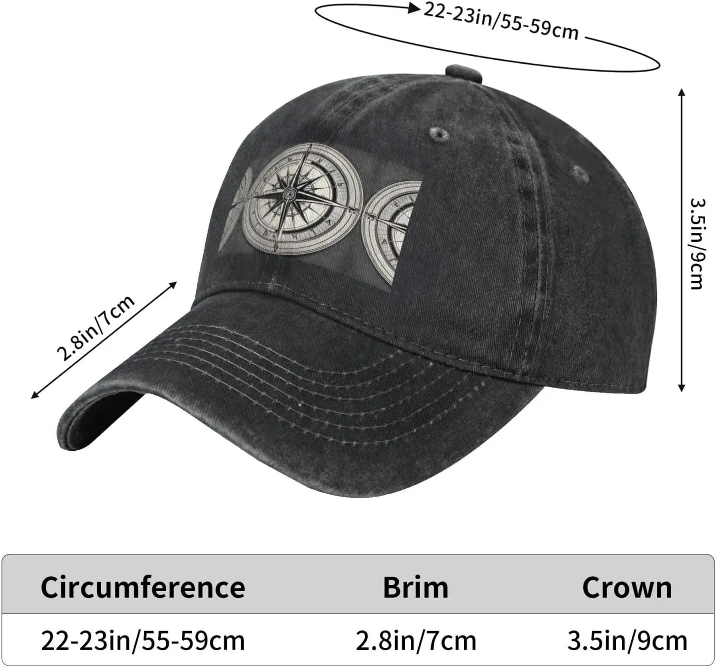 Law of The Compass Navigation 1 Print Denim Baseball Cap Unisex Sun Hat Outdoor Sports Cap fit for All Seasons Easy to Carry