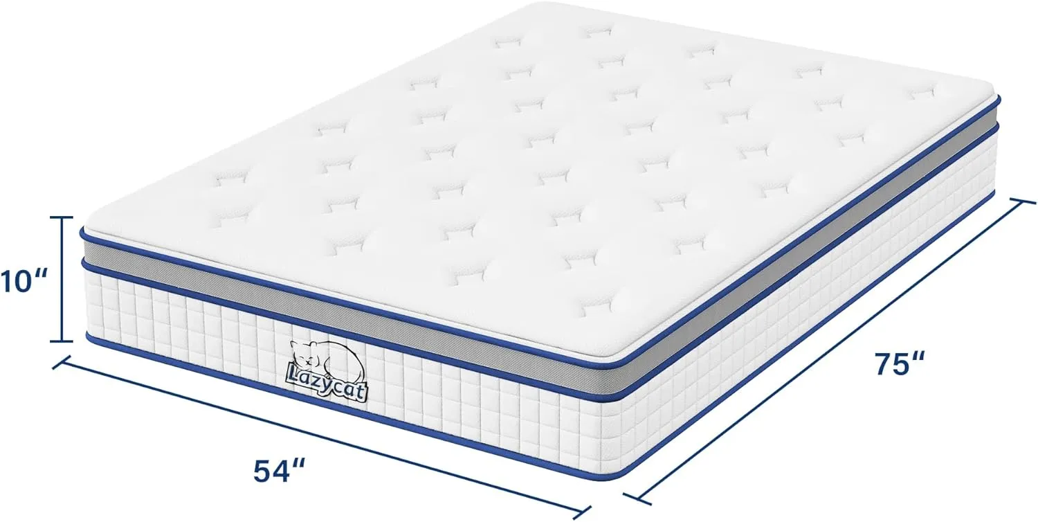 LAZYCAT Full Mattress, 10 Inch Full Size Hybrid Mattress in a Box, Gel Memory Foam with Individually Encased Pocket Coil, Medium Firm Feel, Motion Isolation, Fiberglass Free