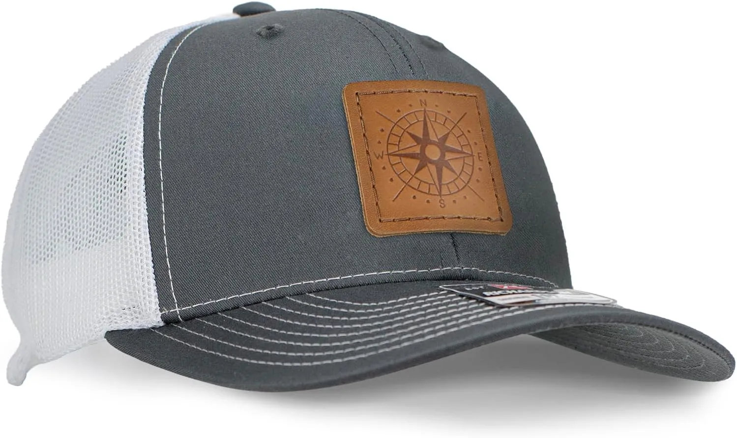 Leather Patch Hat for Men - Richardson 112 Trucker Hat w/Full-Grain Leather Patch, Laser-Engraved, Machine-Stitched