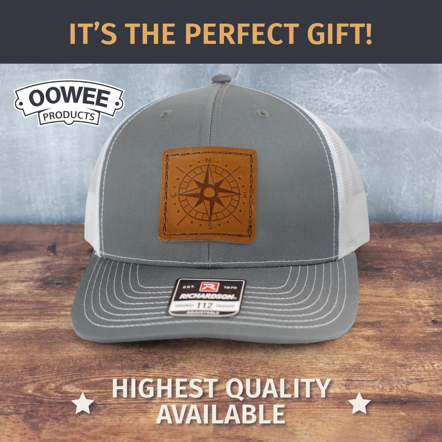 Leather Patch Hat for Men - Richardson 112 Trucker Hat w/Full-Grain Leather Patch, Laser-Engraved, Machine-Stitched
