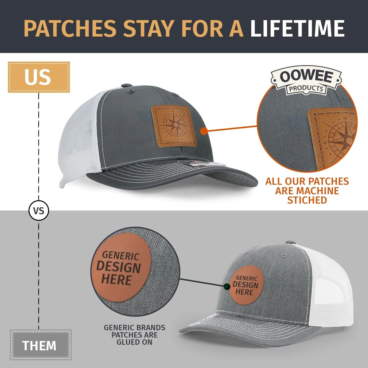 Leather Patch Hat for Men - Richardson 112 Trucker Hat w/Full-Grain Leather Patch, Laser-Engraved, Machine-Stitched