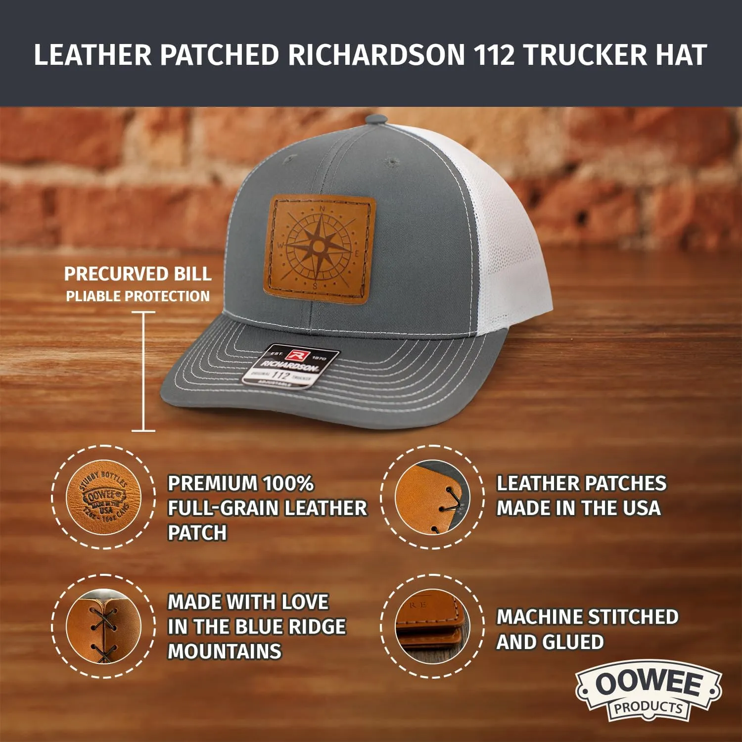 Leather Patch Hat for Men - Richardson 112 Trucker Hat w/Full-Grain Leather Patch, Laser-Engraved, Machine-Stitched
