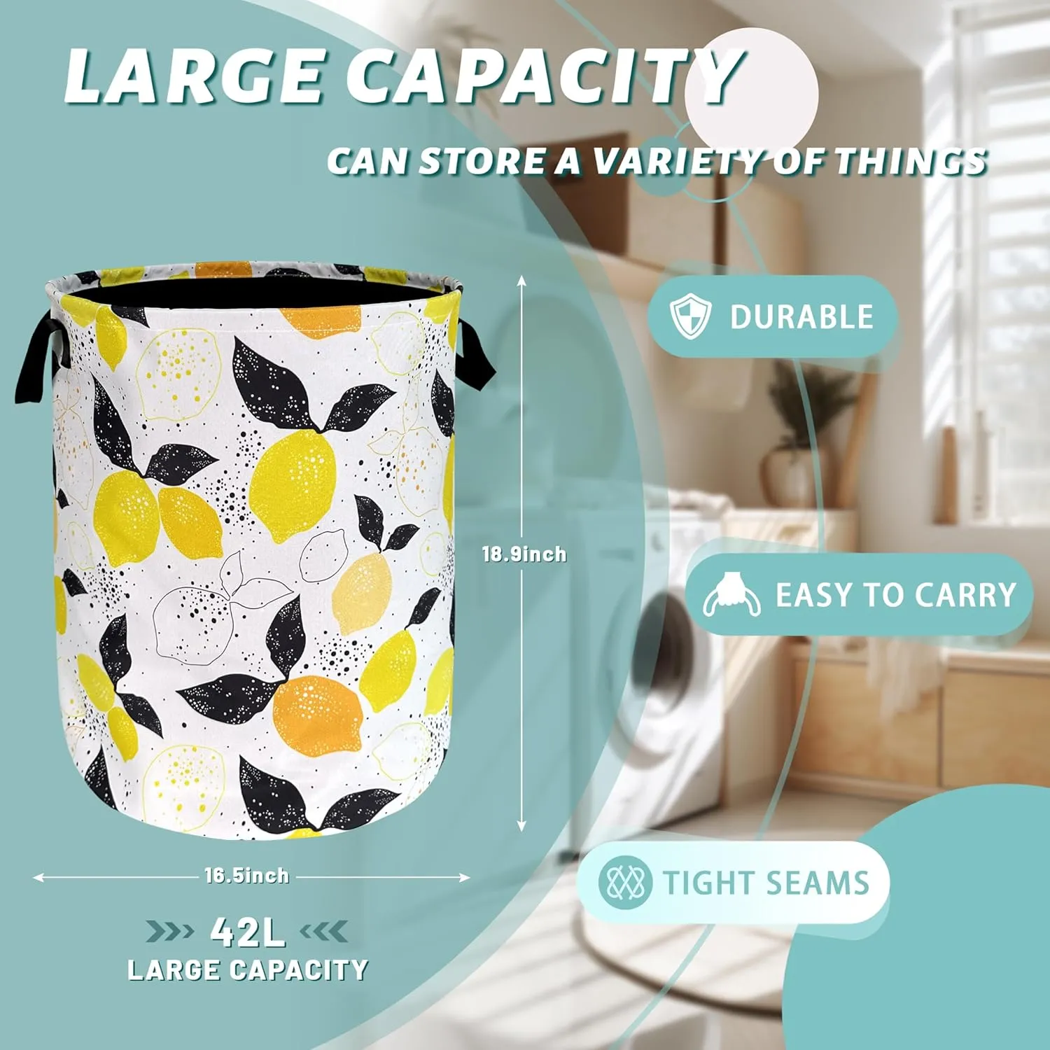 Lemons Laundry Hamper Boho Tropical Fruit Colorful Laundry Basket With Handles Foldable Oxford Cloth Tote Bag Clothes Toy Storage Bucket 18.9 x 16.5 Inch For Bathroom/Laundry/Bedroom