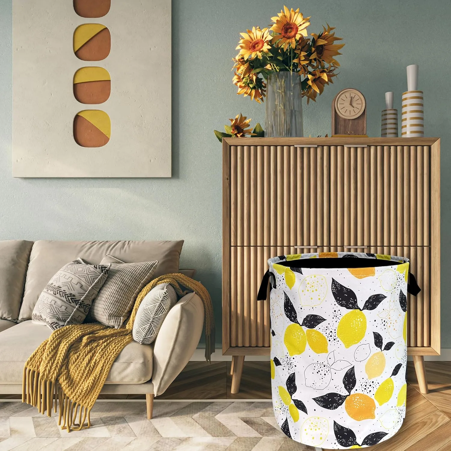 Lemons Laundry Hamper Boho Tropical Fruit Colorful Laundry Basket With Handles Foldable Oxford Cloth Tote Bag Clothes Toy Storage Bucket 18.9 x 16.5 Inch For Bathroom/Laundry/Bedroom