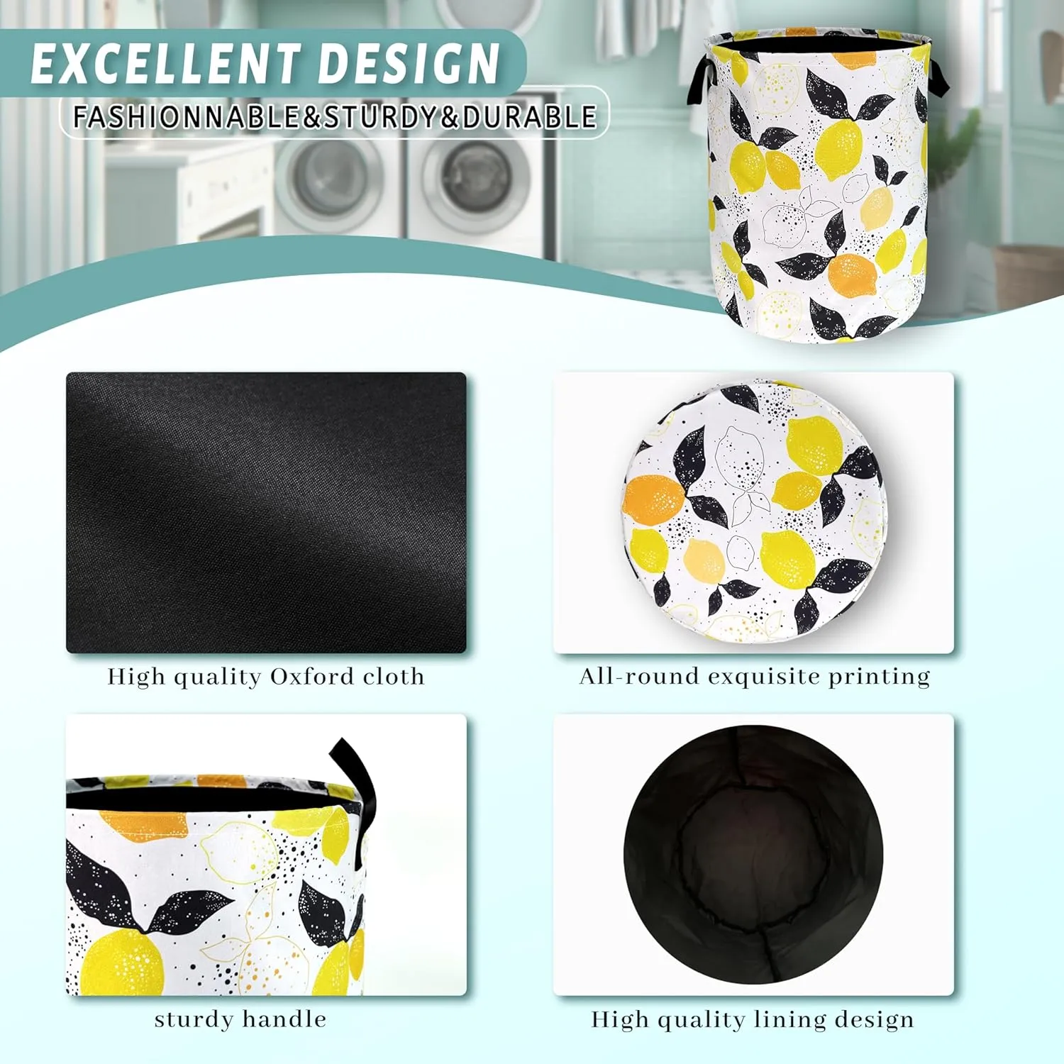 Lemons Laundry Hamper Boho Tropical Fruit Colorful Laundry Basket With Handles Foldable Oxford Cloth Tote Bag Clothes Toy Storage Bucket 18.9 x 16.5 Inch For Bathroom/Laundry/Bedroom