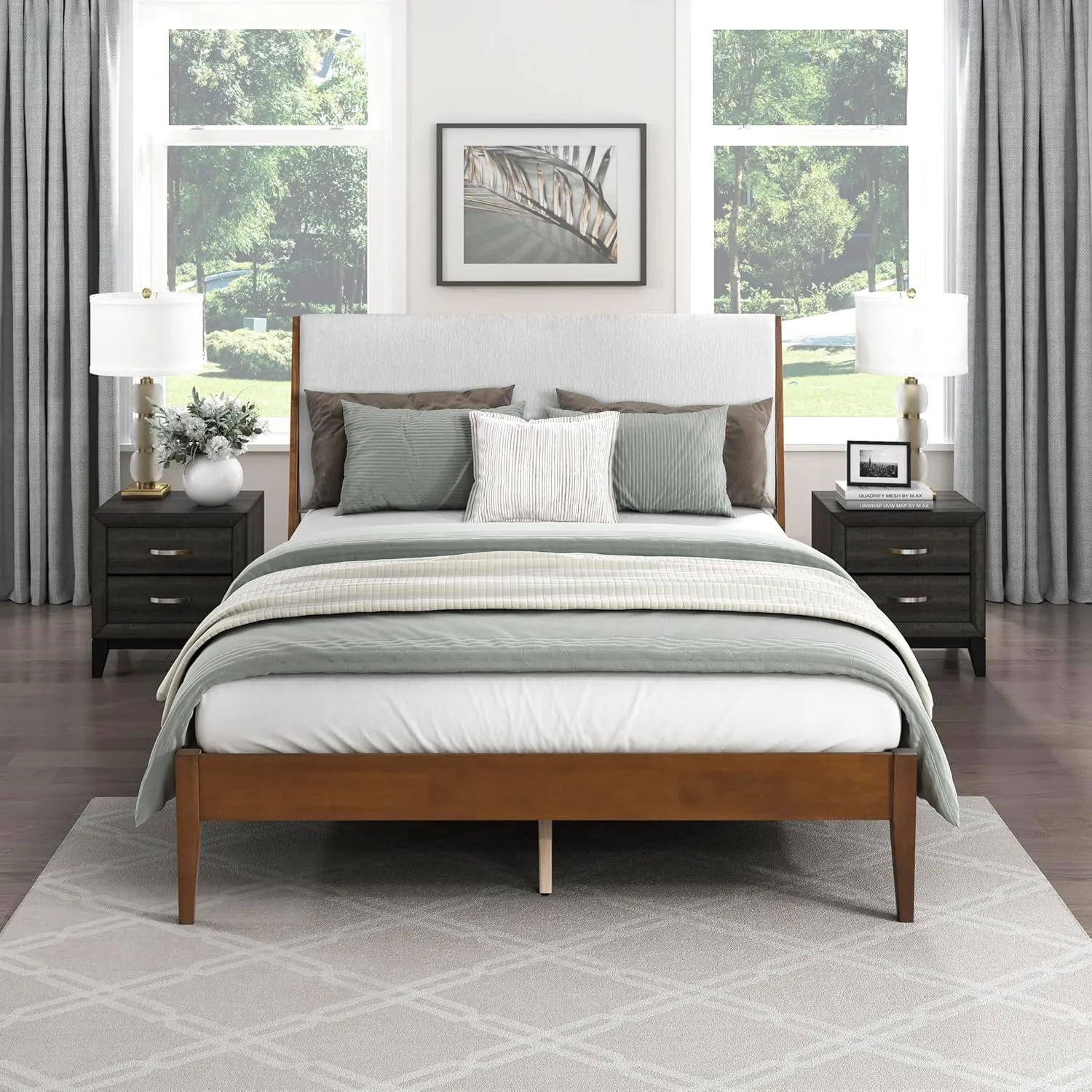 Lexicon California King Bed Frame with Light Grey Chenille Headboard, Mid Century Modern Bed Frame, Wood Platform Bed with Slats, No Box Spring Needed, Easy Assembly
