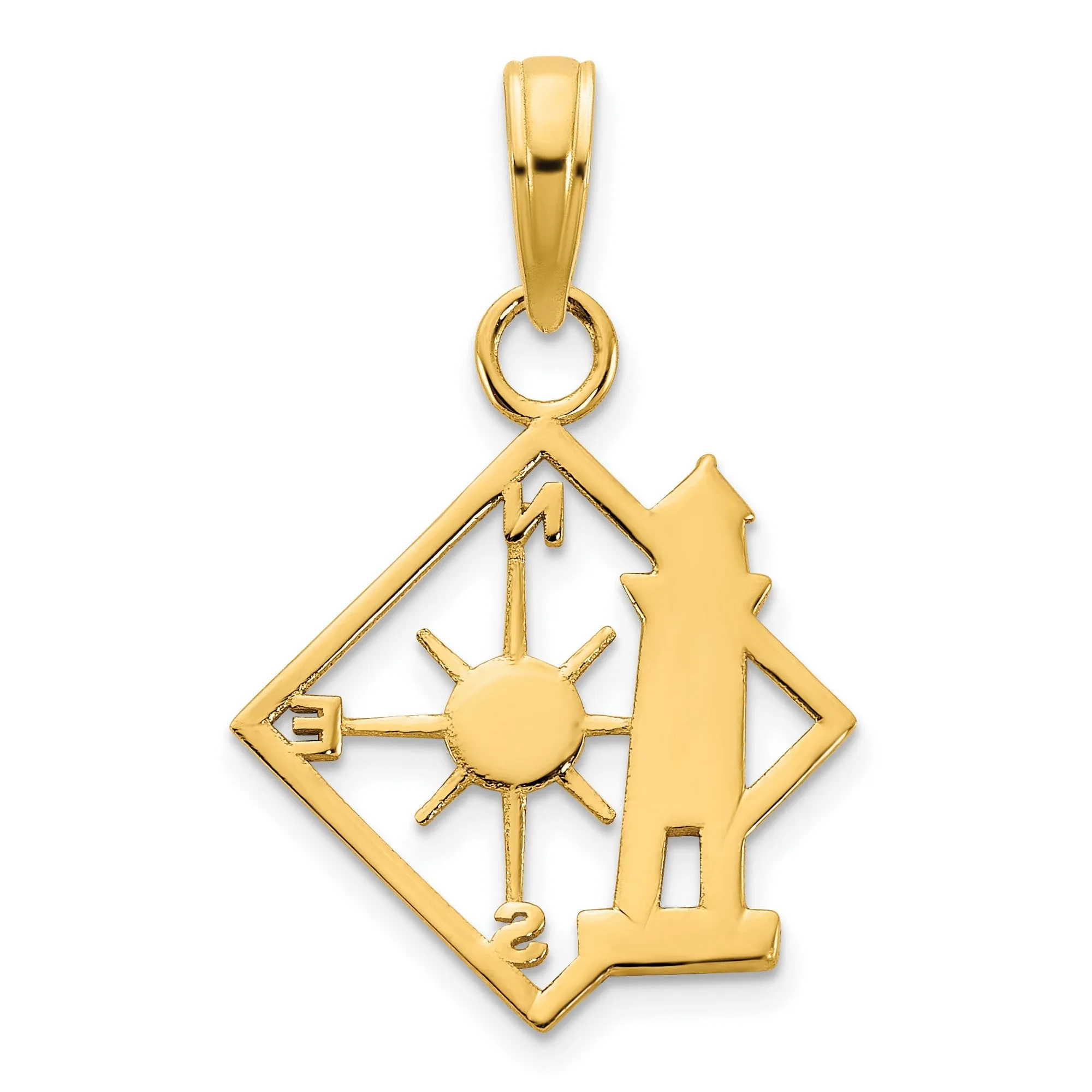 Lighthouse Compass Charm Pendant in Real 14k Yellow Gold