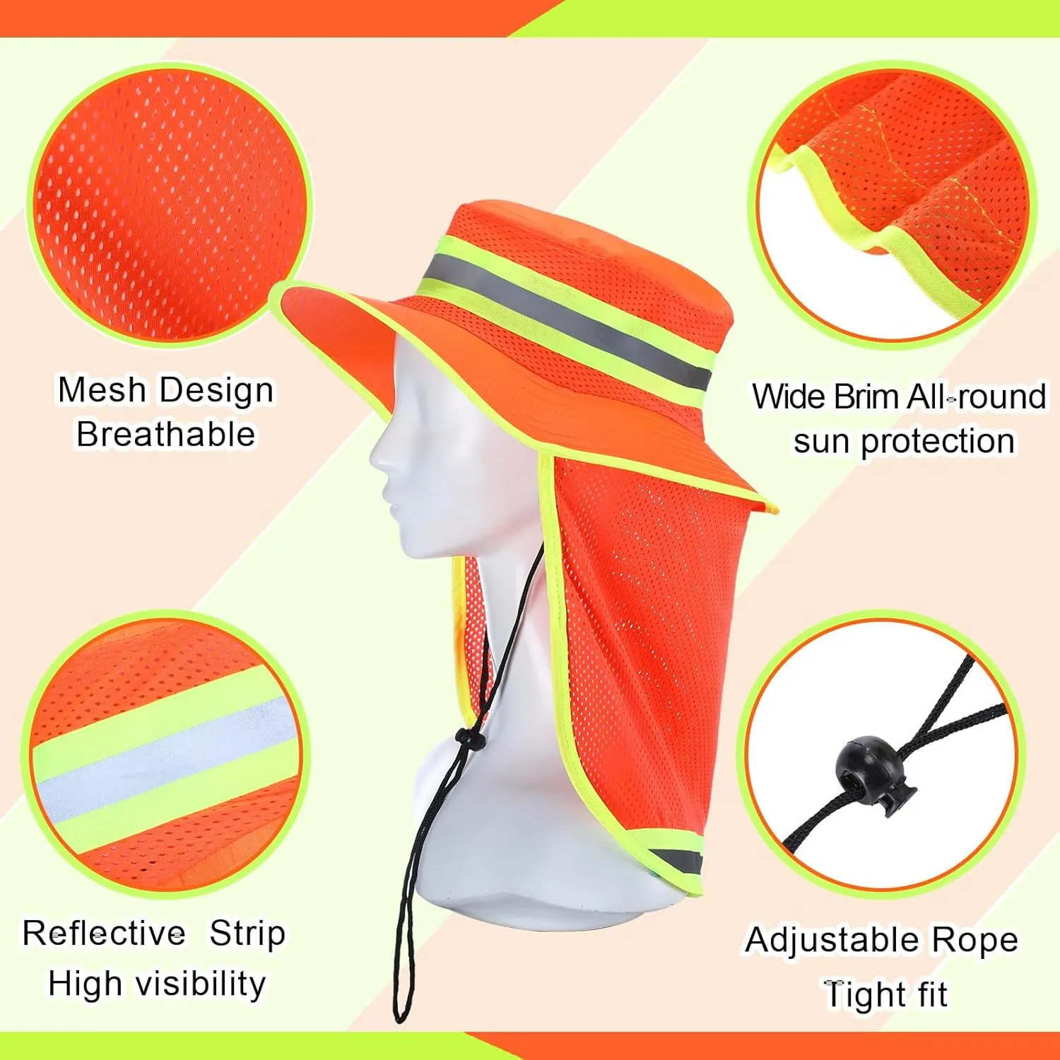 Liitrsh 4 Pcs High Visibility Reflective Sun Hat with Neck Flap Wide Brim Work Safety Boonie Hats Adjustable Bucket Cap for Men Women