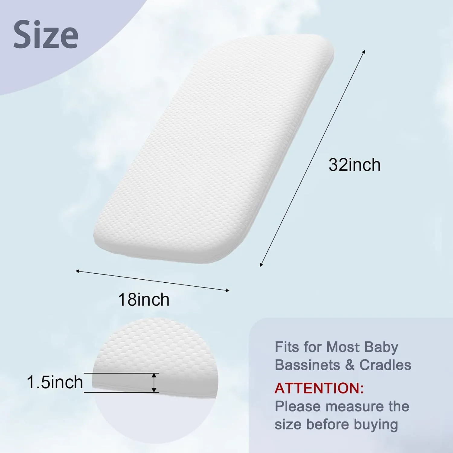 Lisara Baby Bassinet Mattress, 32 x 18 Dual Sided Gel Memory Foam Mattress with Waterproof, Removable and Breathable Ice Silk Cover, Fit for RONBEI Bassinet, Ingenuity Foldaway and Cuddor Bassinet