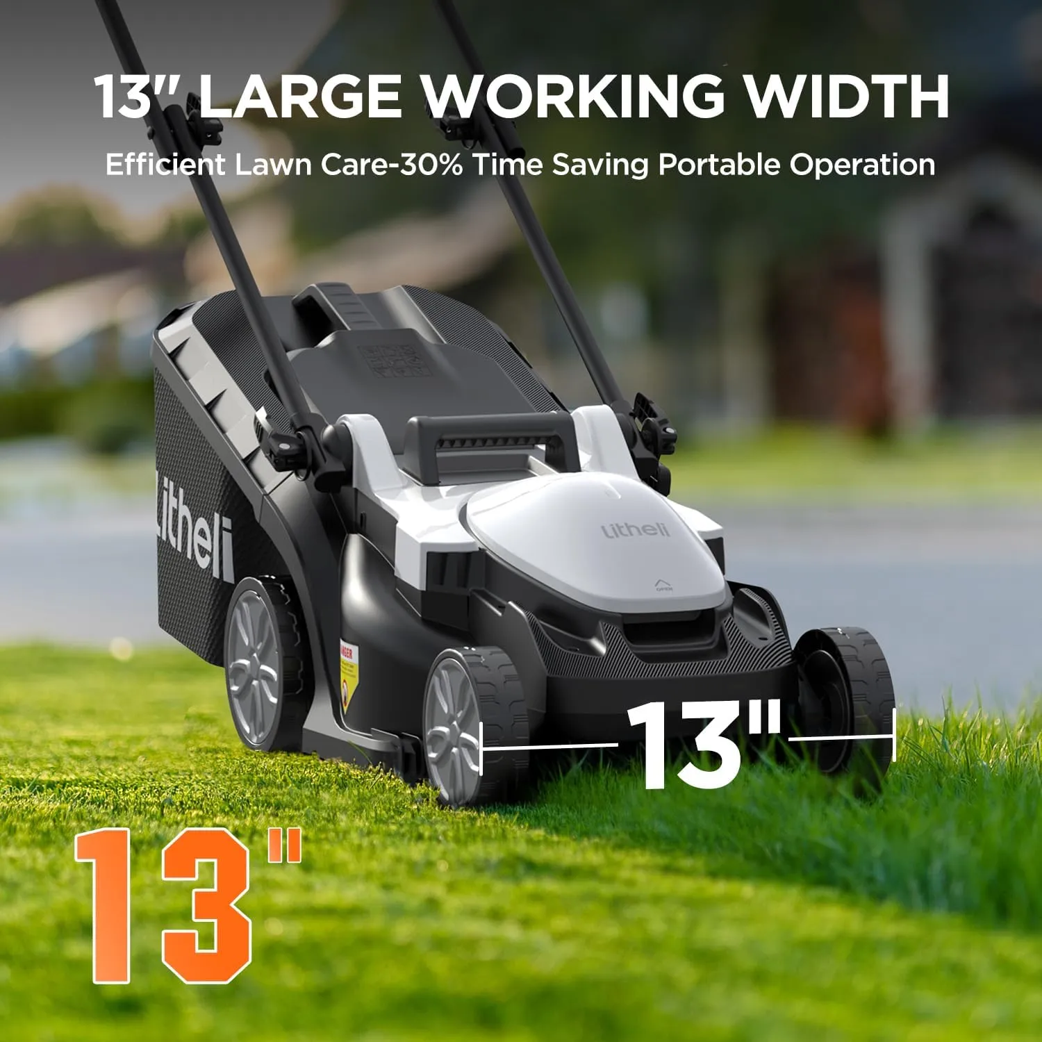 Litheli Electric Lawn Mower Cordless,Grass Cutter Machine for 1600 Sq.Ft.Lawnmower with Brushless Motor,13 In Cutting Width,8 Gallon Capacity,Cutting Height from 1 to 2.5 In, Includes 1 4.0 Ah Battery