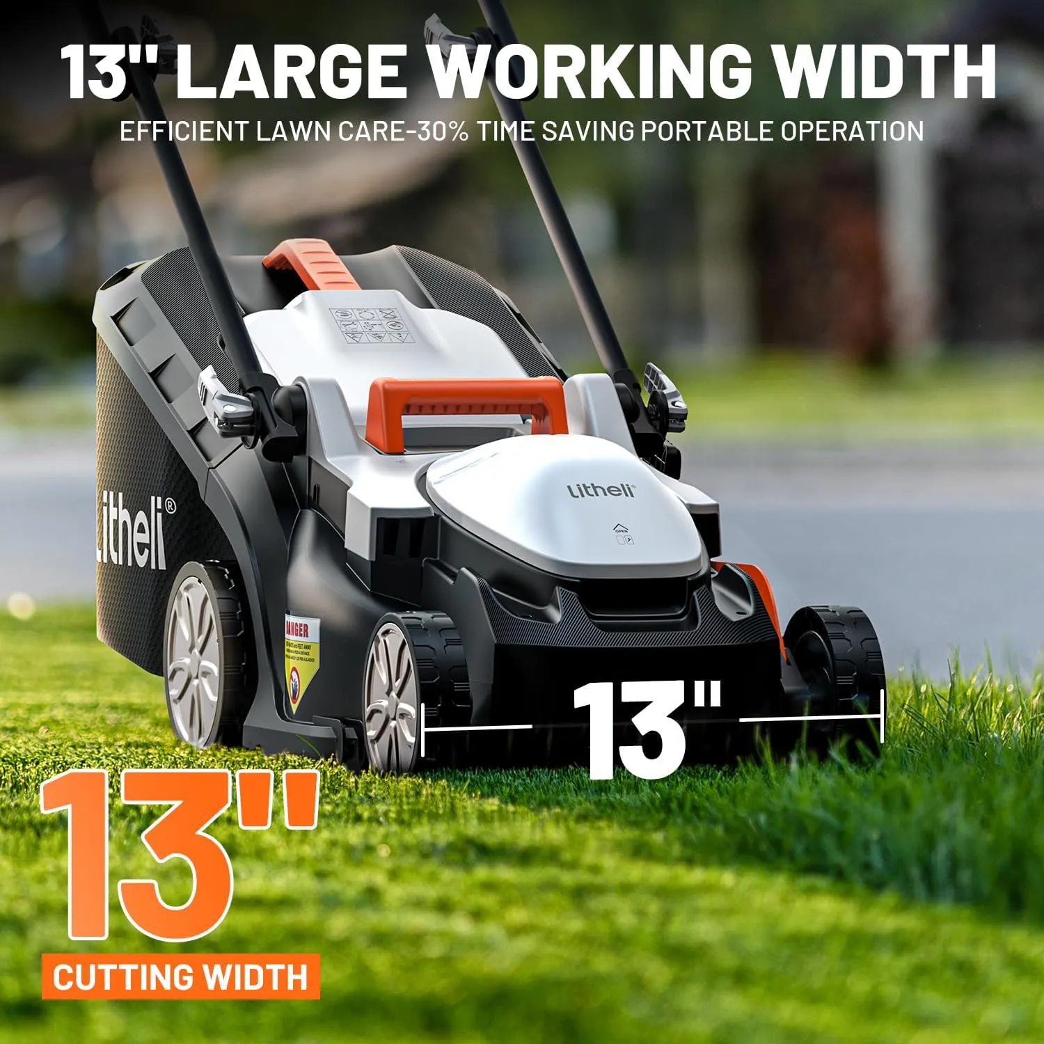 Litheli Electric Lawn Mower Cordless,Grass Cutter Machine for 1600 Sq.Ft.Lawnmower with Motor,13 in Cutting Width,8 Gallon Capacity,Cutting Height from 1 to 2.5 in（4.0A Battery）