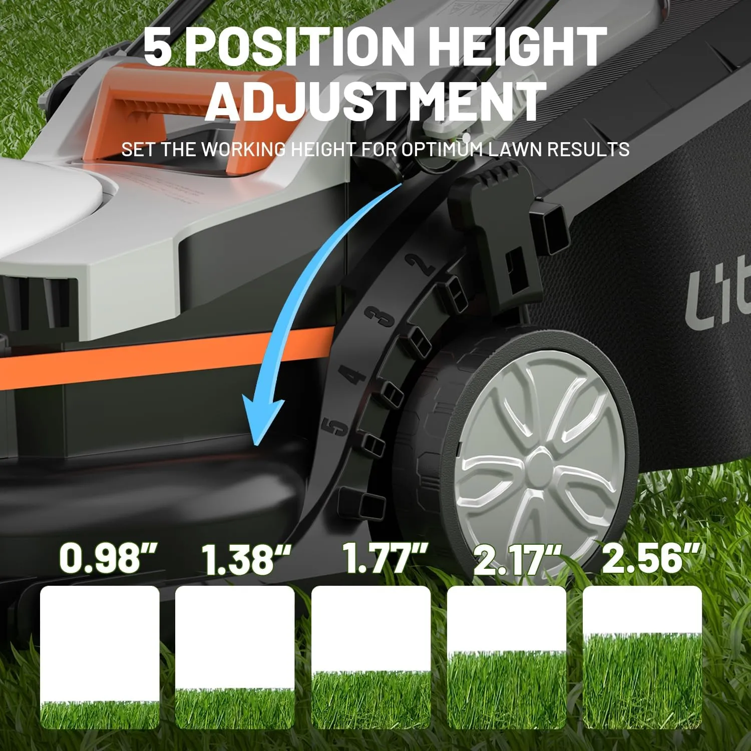 Litheli Electric Lawn Mower Cordless,Grass Cutter Machine for 1600 Sq.Ft.Lawnmower with Motor,13 in Cutting Width,8 Gallon Capacity,Cutting Height from 1 to 2.5 in（4.0A Battery）