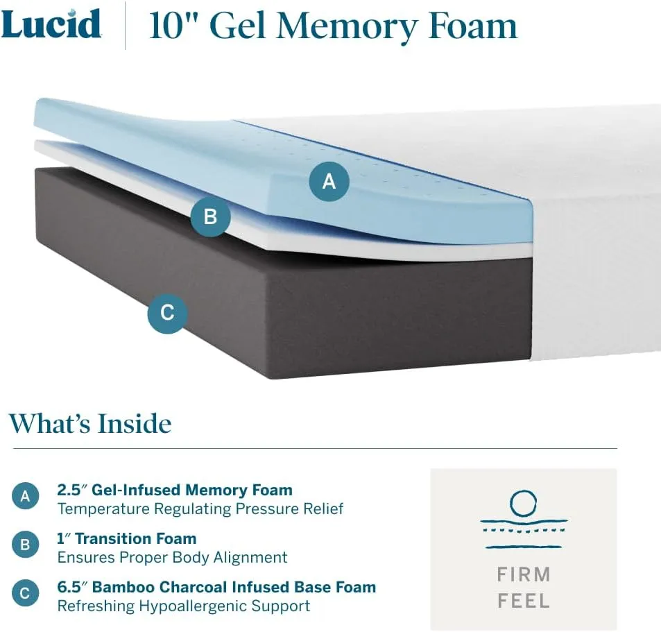 LUCID 10 Inch Memory Foam Mattress - Firm Feel - Infused with Bamboo Charcoal and Gel - Bed in a Box - Temperature Regulating - Pressure Relief - Breathable - Twin XL Size