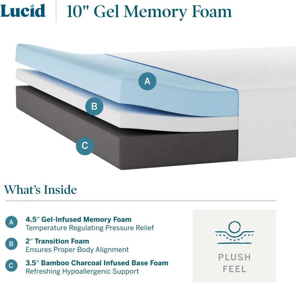 LUCID 10 Inch Memory Foam Mattress - Plush Feel - Infused with Bamboo Charcoal and Gel - Bed in a Box - Temperature Regulating - Pressure Relief - Breathable - Twin Size