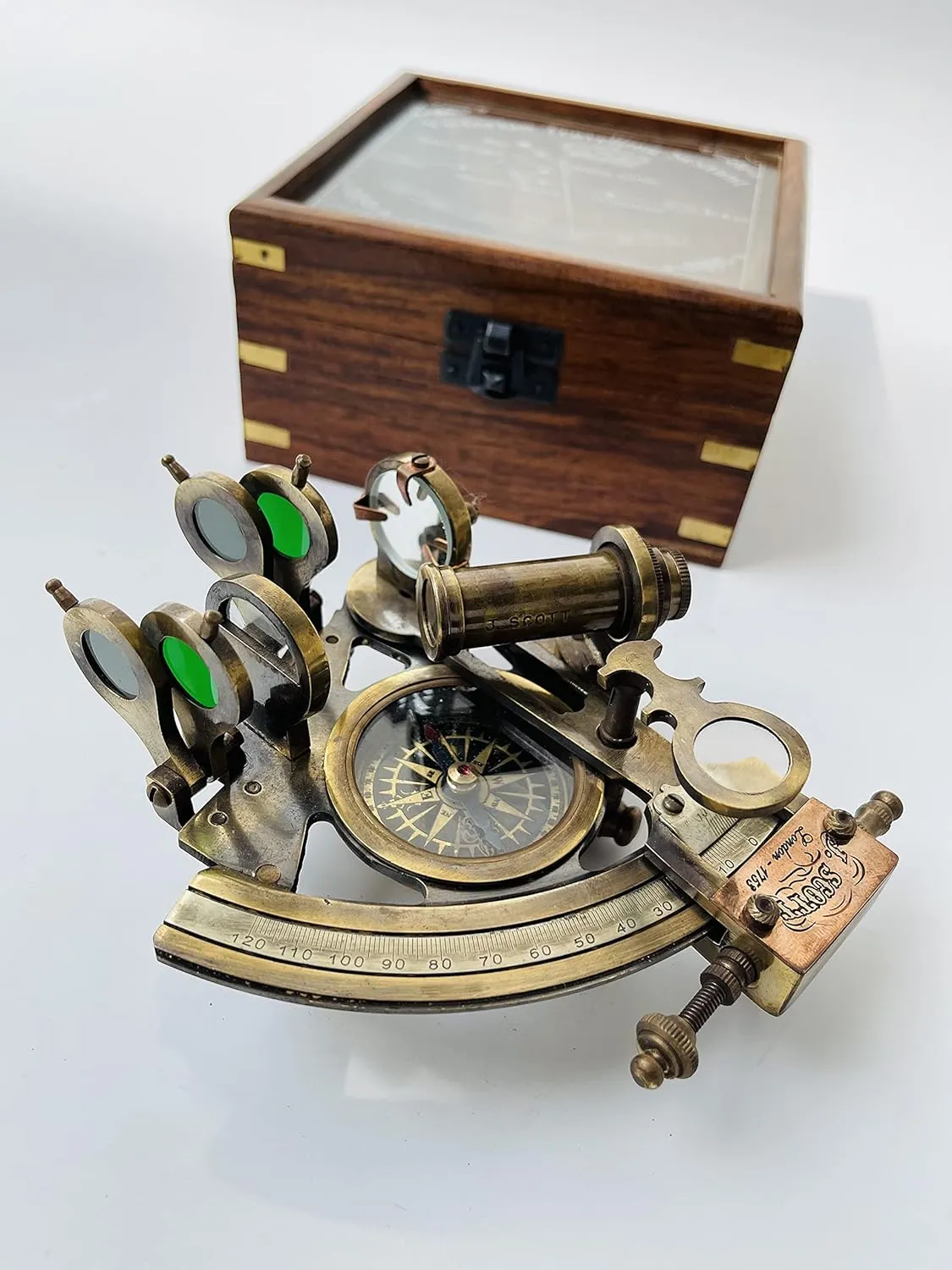 Malla Inc. Nautical 5" Brass Working Navigational Sextant with Compass in Hardwood Box - Marine Sextant