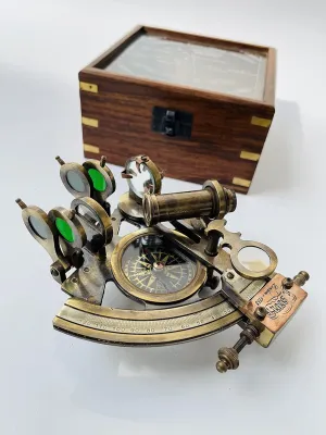 Malla Inc. Nautical 5" Brass Working Navigational Sextant with Compass in Hardwood Box - Marine Sextant